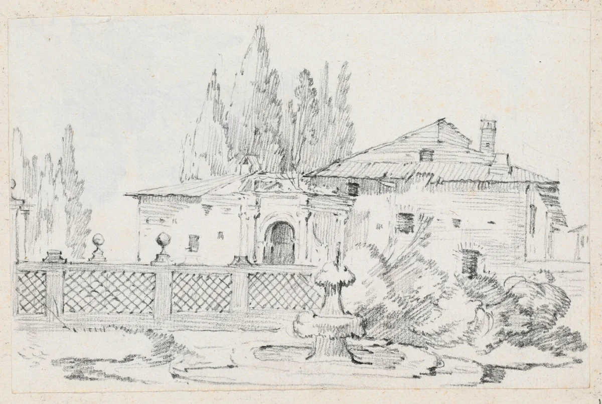 House and Trees across a Garden Wall by Joseph-Marie Vien, drawing, 1744-1750