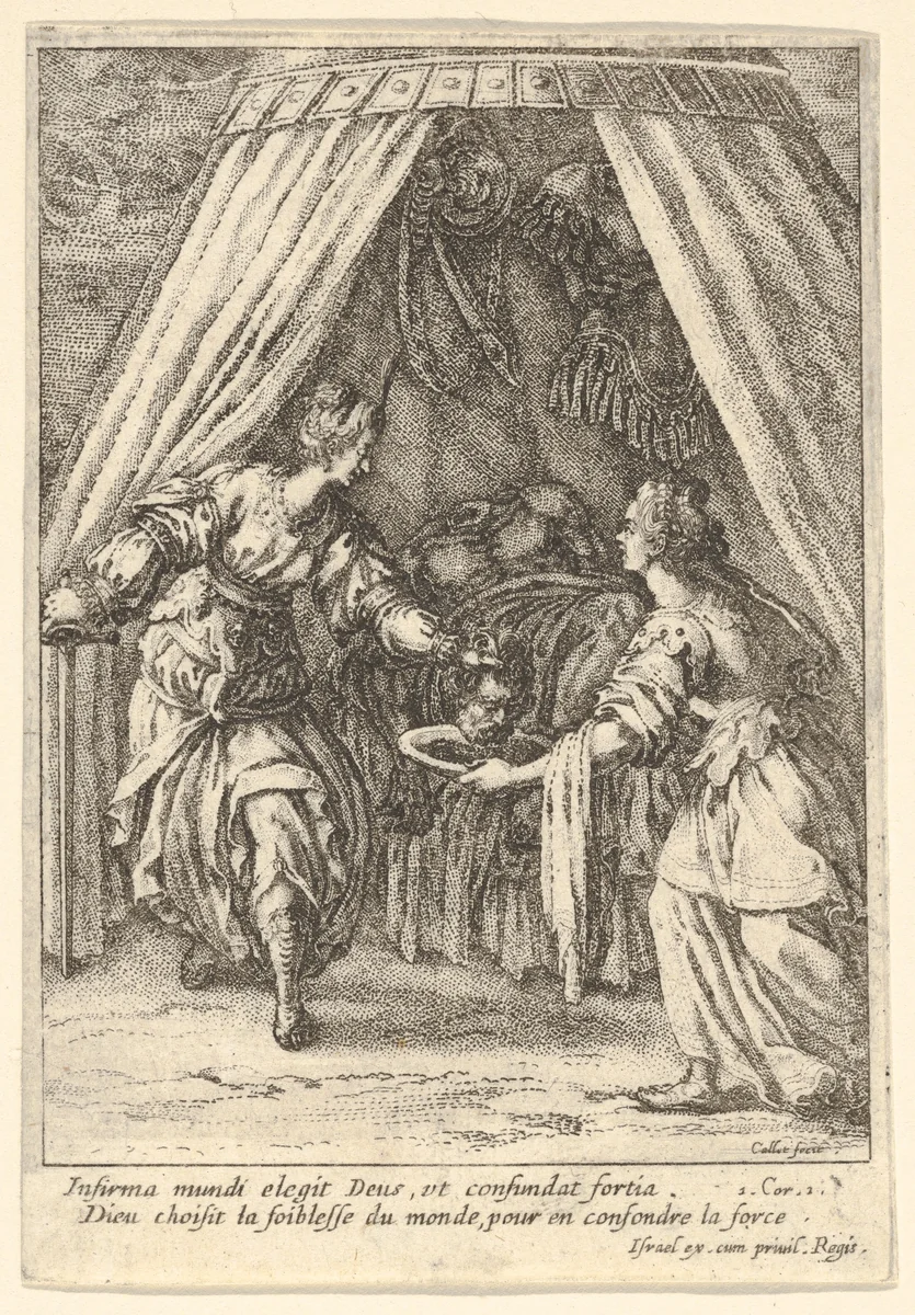 Judith placing the head of Holofernes on a tray held by an attendant, with the body of Holofernes on a canopied bed by Jacques Callot, print, 1621-1635