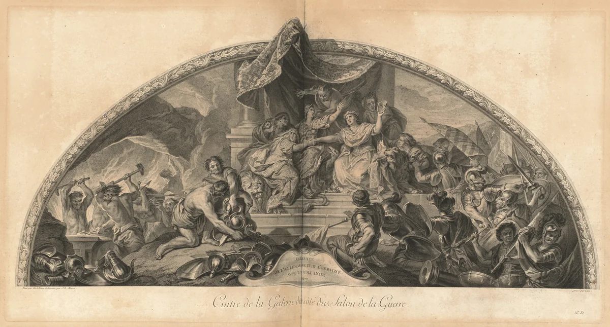Alliance de l'Allemagne et de l'Espagne avec la Hollande 1672 Cintre de la Gallerie du côté du Salon de la Guerre (Alliance of Germany and Spain with Holland 1672, Center of the Gallery next to the Salon of War) [pl. 31] by Jean-Baptiste Massé
Laurent Cars
Charles Le Brun, print, 1752