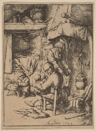 Peasant Family in an Interior wtih the Father Feeding a Child by Adriaen van Ostade, print, 1648