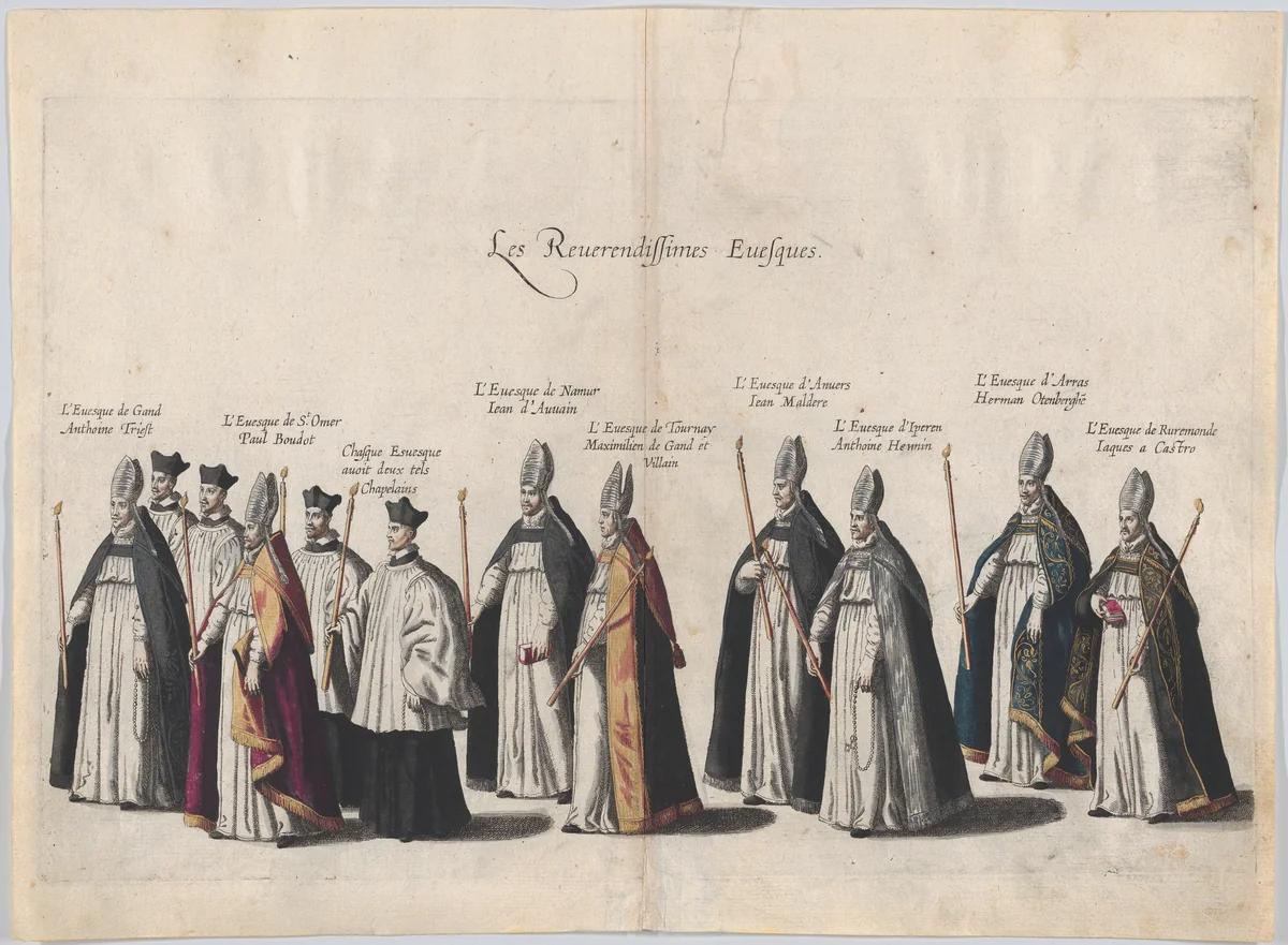 Plate 12: Members of the clergy marching in the funeral procession of Archduke Albert of Austria; from 'Pompa Funebris ... Alberti Pii' by Cornelis Galle, print, 1623