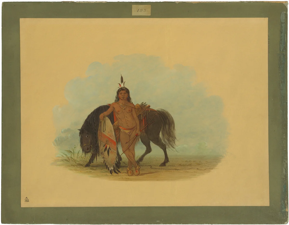 A Cheyenne Warrior Resting His Horse by George Catlin, painting, 1861-1869