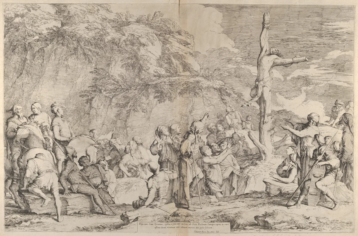 The crucifixion of Polycrates the tyrant after his capture by the Persians by Salvator Rosa, print, 1657-1667