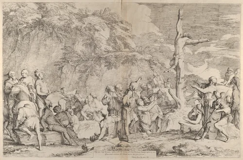 The crucifixion of Polycrates the tyrant after his capture by the Persians by Salvator Rosa, print, 1657-1667