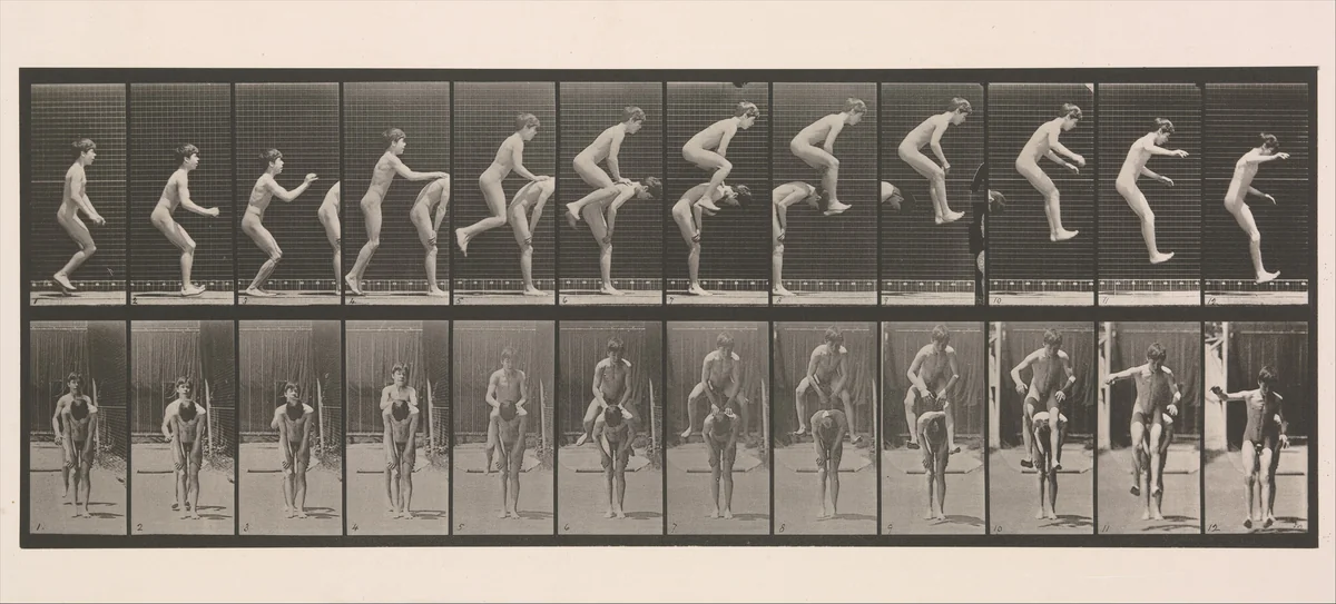 [Boys Playing Leap Frog] by Eadweard Muybridge, photograph, 1883-1886