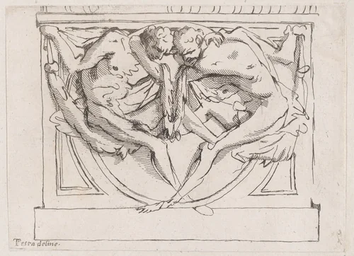 Stucco bas-relief with two male figures by anonymous, print, 1700-1800