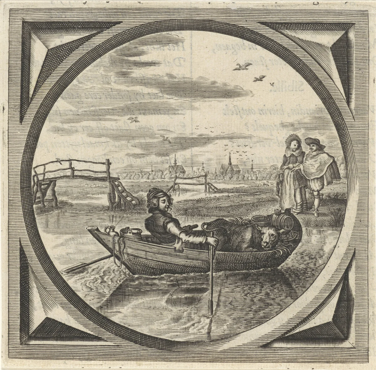 Vrouw met een kalf in een roeiboot by anonymous, print, 1642