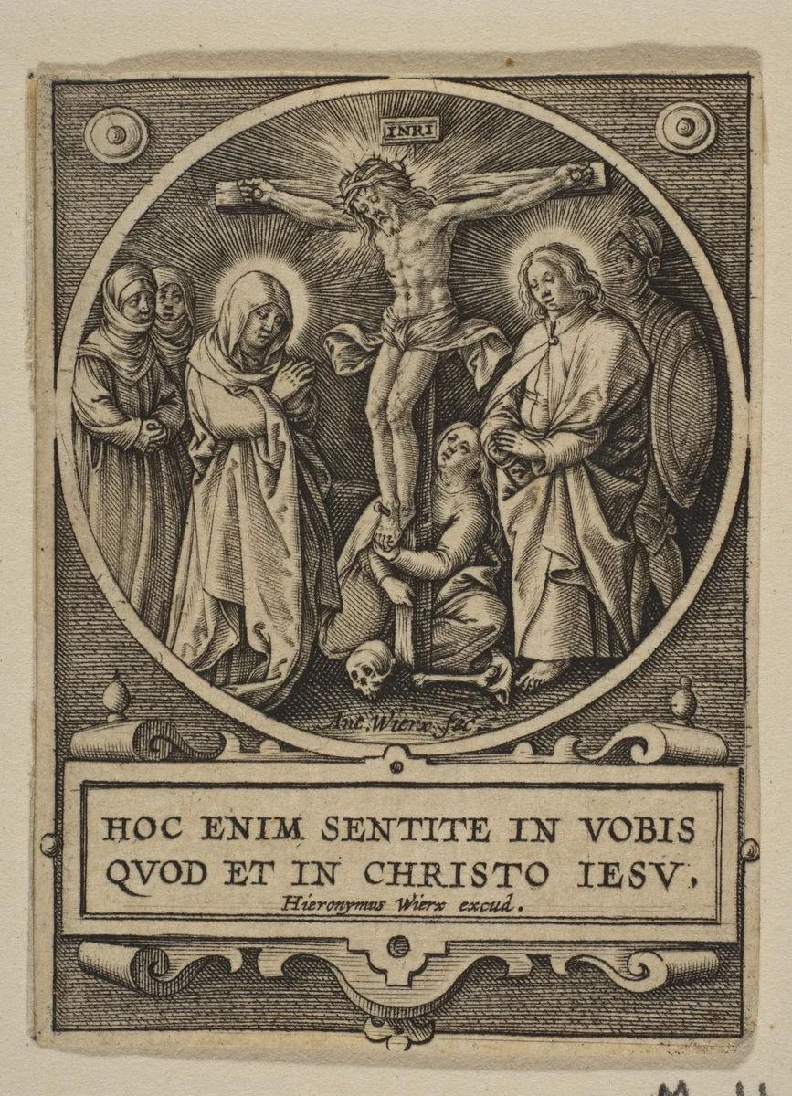 The Crucifixion (Round) (reverse copy) by Hieronymus Wierix, print, 1548-1619