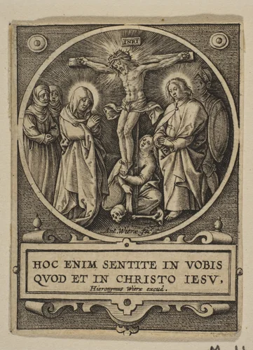 The Crucifixion (Round) (reverse copy) by Hieronymus Wierix, print, 1548-1619