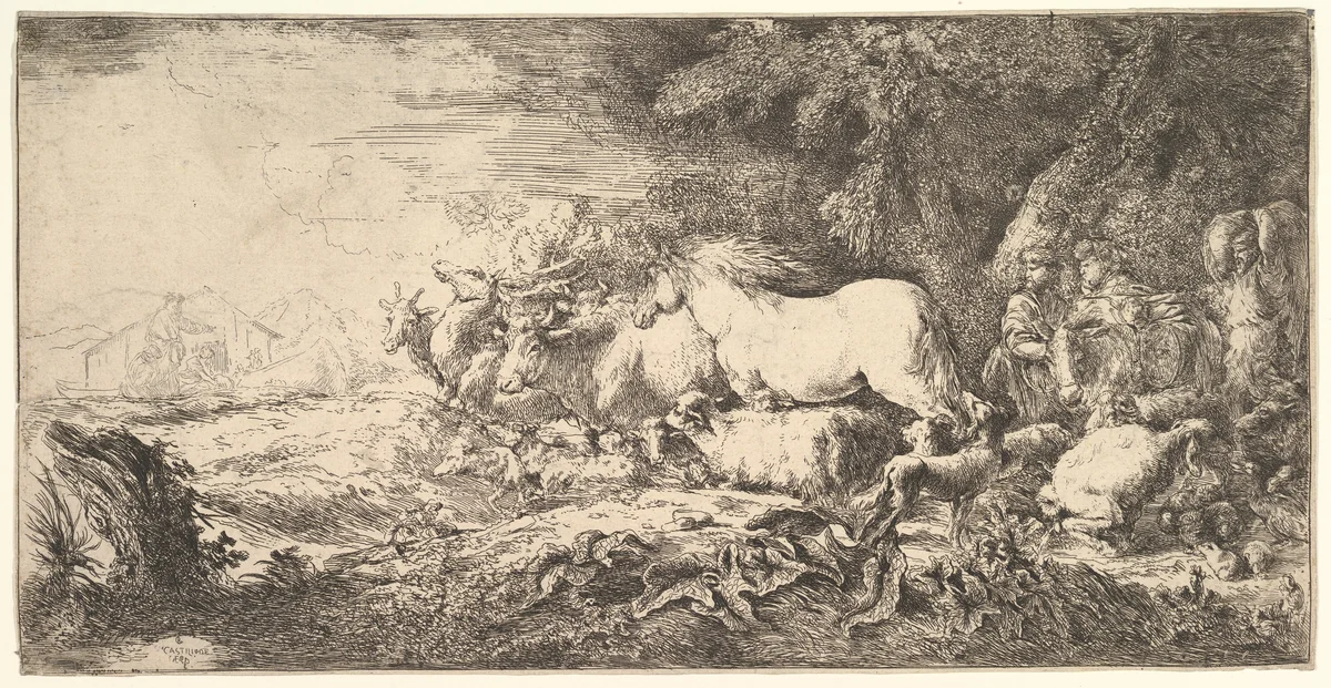 Entry of the animals into Noah's ark by Giovanni Benedetto Castiglione, print, 1650-1655