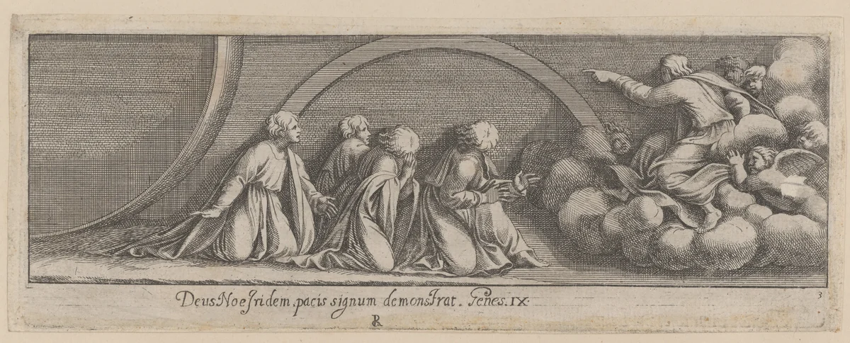 Plate 3: God Addressing Noah and his Sons, from Genesis Chapter 3, after a lost fresco in the basamento of Bay 13 of the Vatican Loggia by Pietro Santi Bartoli, print, 1650-1677
