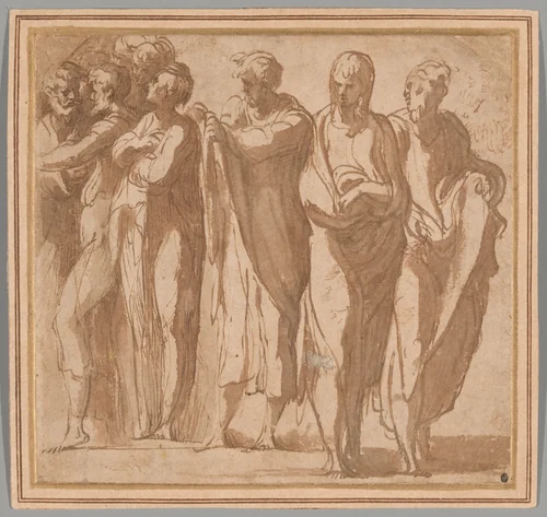 Group of Nine Standing Figures by Francesco Mazzola, drawing, 1524-1527