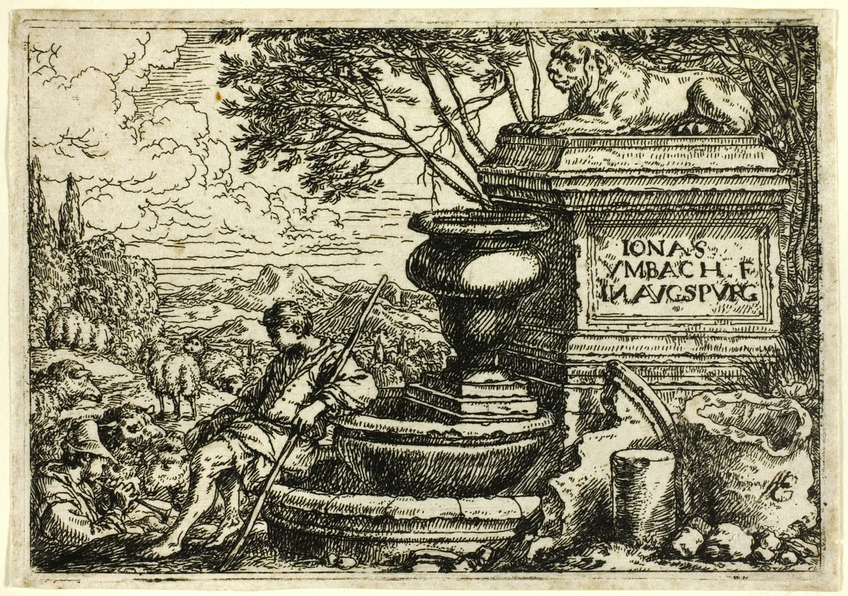 Italian Landscape with Ruins by Jonas Umbach, print, 1644-1693