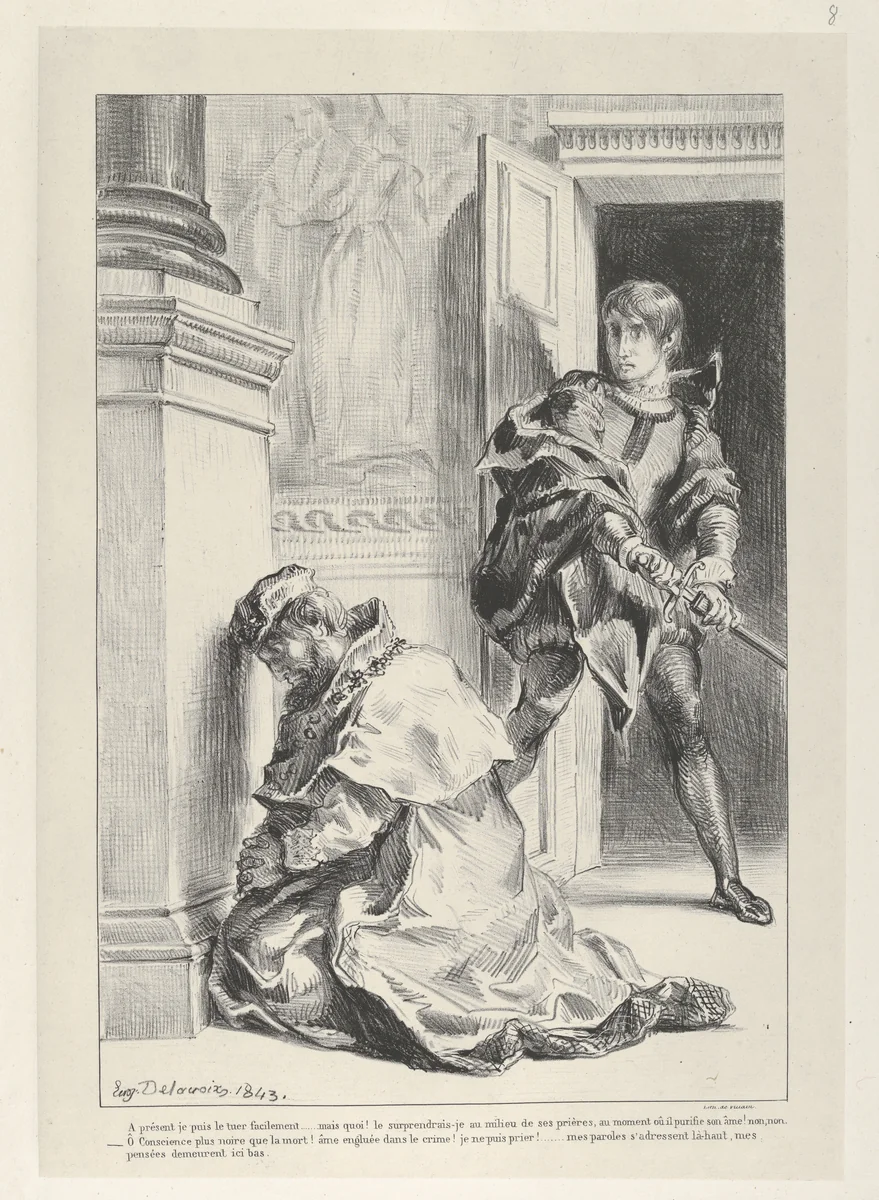 Hamlet Attempts to Kill the King by Eugène Delacroix, print, 1834-1843