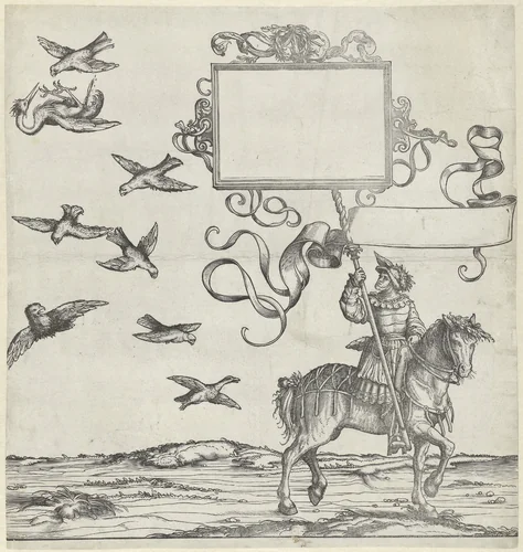 Jagende valken en valkenier te paard als standaarddrager by Hans Burgkmair, print, 1483-1526