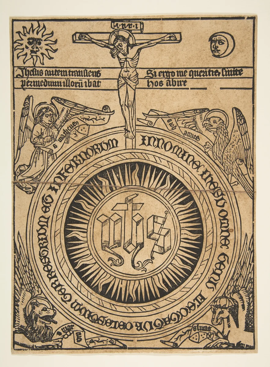 The Sacred Monogram with the Symbols of the Evangelists and the Crucifixion by anonymous, print, 1400-1499