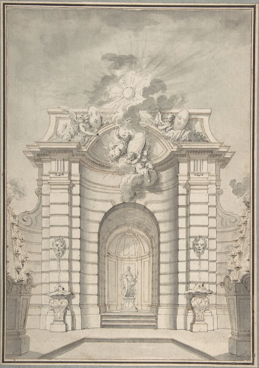 Design for Festival Architecture for an Entry into Paris for the King of Sweden, Fredrerick I of Hesse by Guillaume Thomas Raphaël Taraval, drawing, 1715-1750