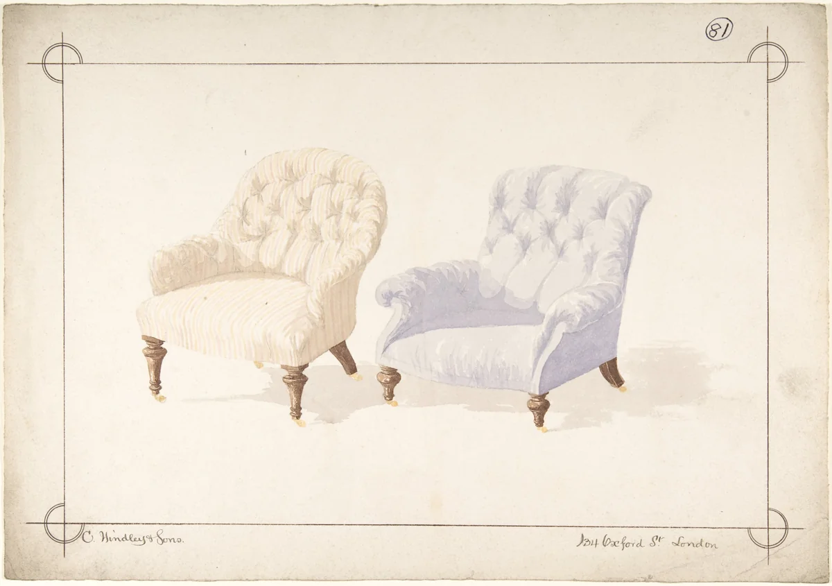 Designs for Two Chairs by Charles Hindley and Sons, drawing, 1841-1884