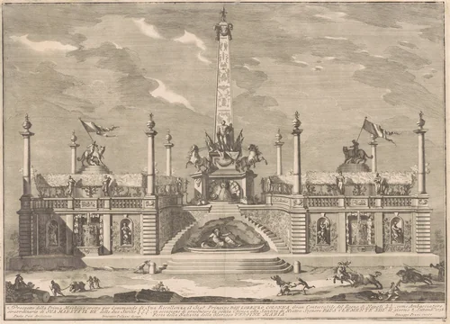 The Prima Macchina for the Chinea of 1758: A "Deliziosa" with Hanging Gardens by Giuseppe Pozzi, print, 1758