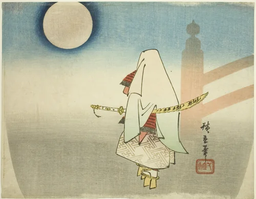 Yoshitsune Awaits Benkei at Gojo Bridge by Utagawa Hiroshige (歌川広重), print, 1835-1845