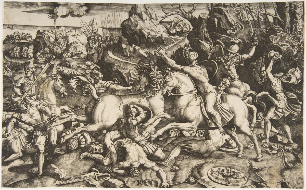 Battle scene in a landscape with soldiers on horseback and several fallen men, another group of riders in the background by Marco Dente, print, 1515-1527