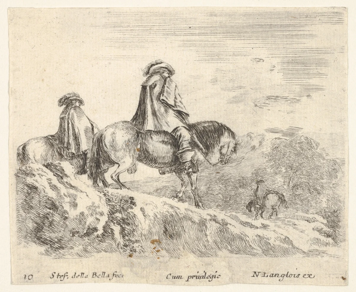 Plate 10: two horsemen descending a mountain at left, another horseman to right in background, from "Diversi Capricci" by Stefano della Bella, print, 1644-1647