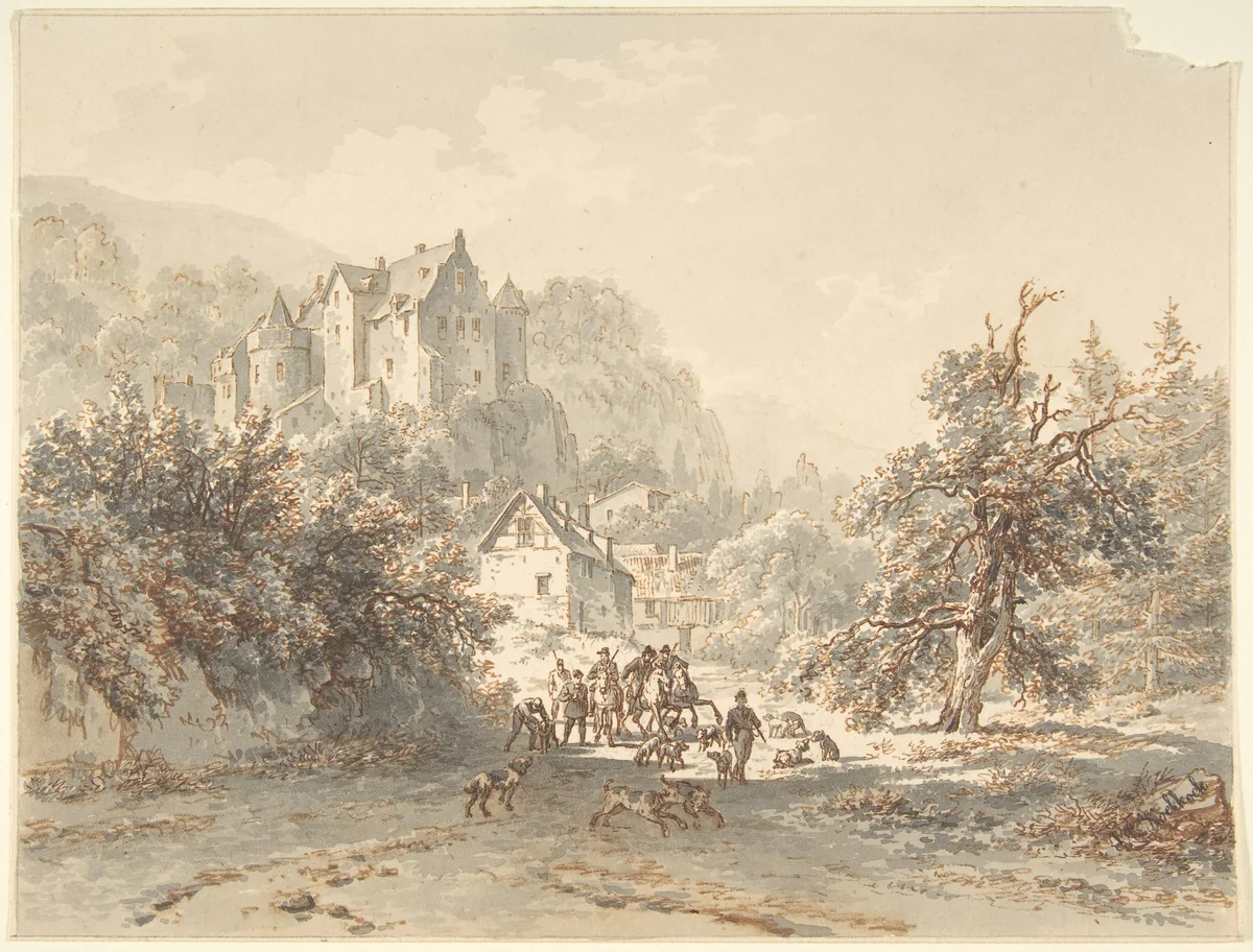 Landscape with a Hunting Party by Barend Cornelis Koekkoek, drawing, 1815-1862