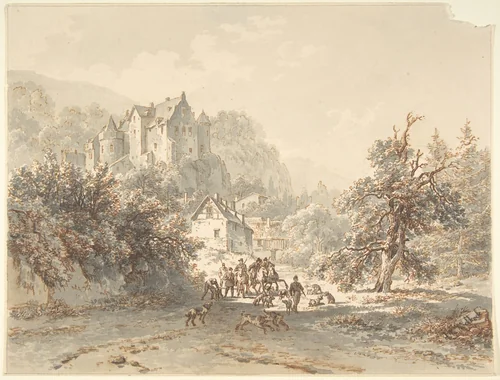 Landscape with a Hunting Party by Barend Cornelis Koekkoek, drawing, 1815-1862