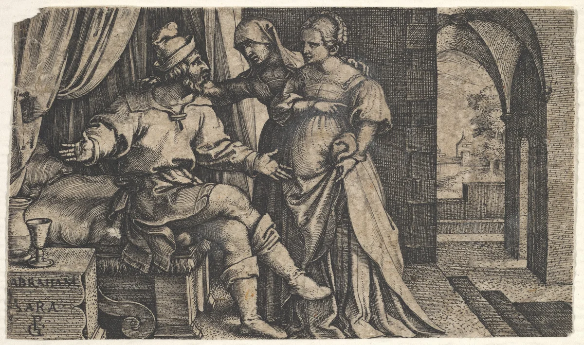 Sarah presenting Hagar to Abraham, who sits at the foot of a bed, from "The Story of Abraham" by Georg Pencz, print, 1543