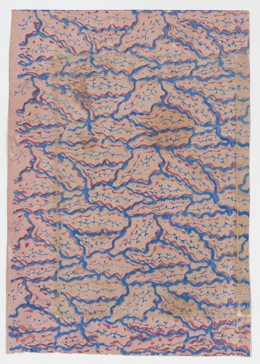 Pink sheet with overall blue abstract pattern by anonymous, print, 1800-1900