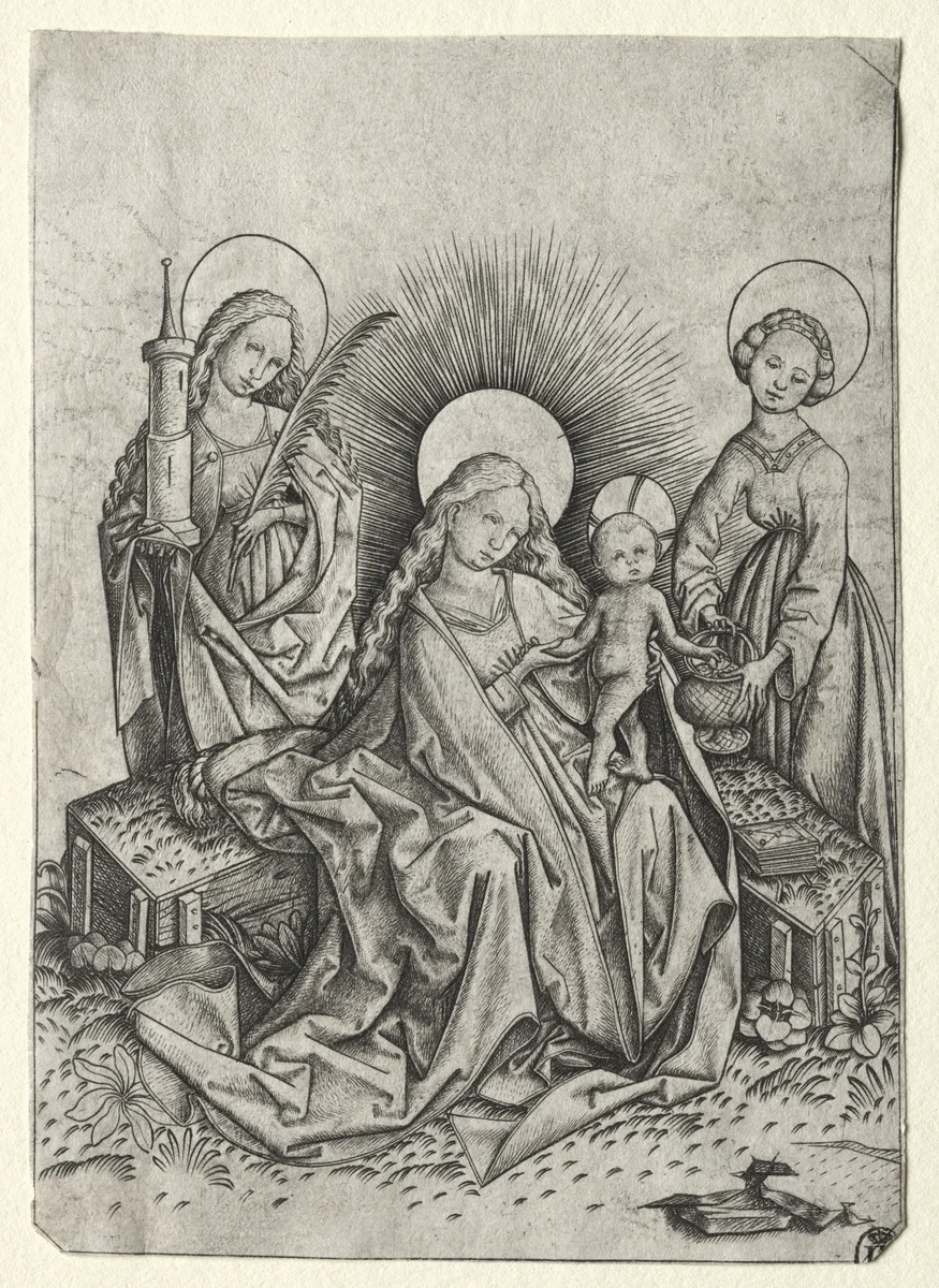 Madonna and Child in a Garden between St. Barbara and st. Dorothy by Master ES, print, 1450-1467