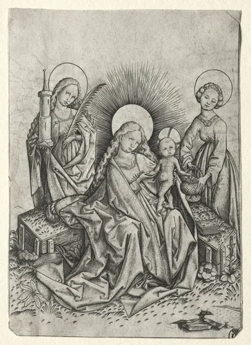 Madonna and Child in a Garden between St. Barbara and st. Dorothy by Master ES, print, 1450-1467