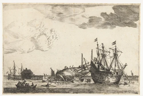 Twee schepen liggen klaar voor reparatie by Reinier Nooms, print, 1650-1664