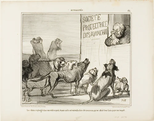 The Dogs are Again Falling in Despair After Having Heard that There Will Be a New Dog Licence Tax After All, plate 171 from Actualités by Honoré-Victorin Daumier, print, 1855