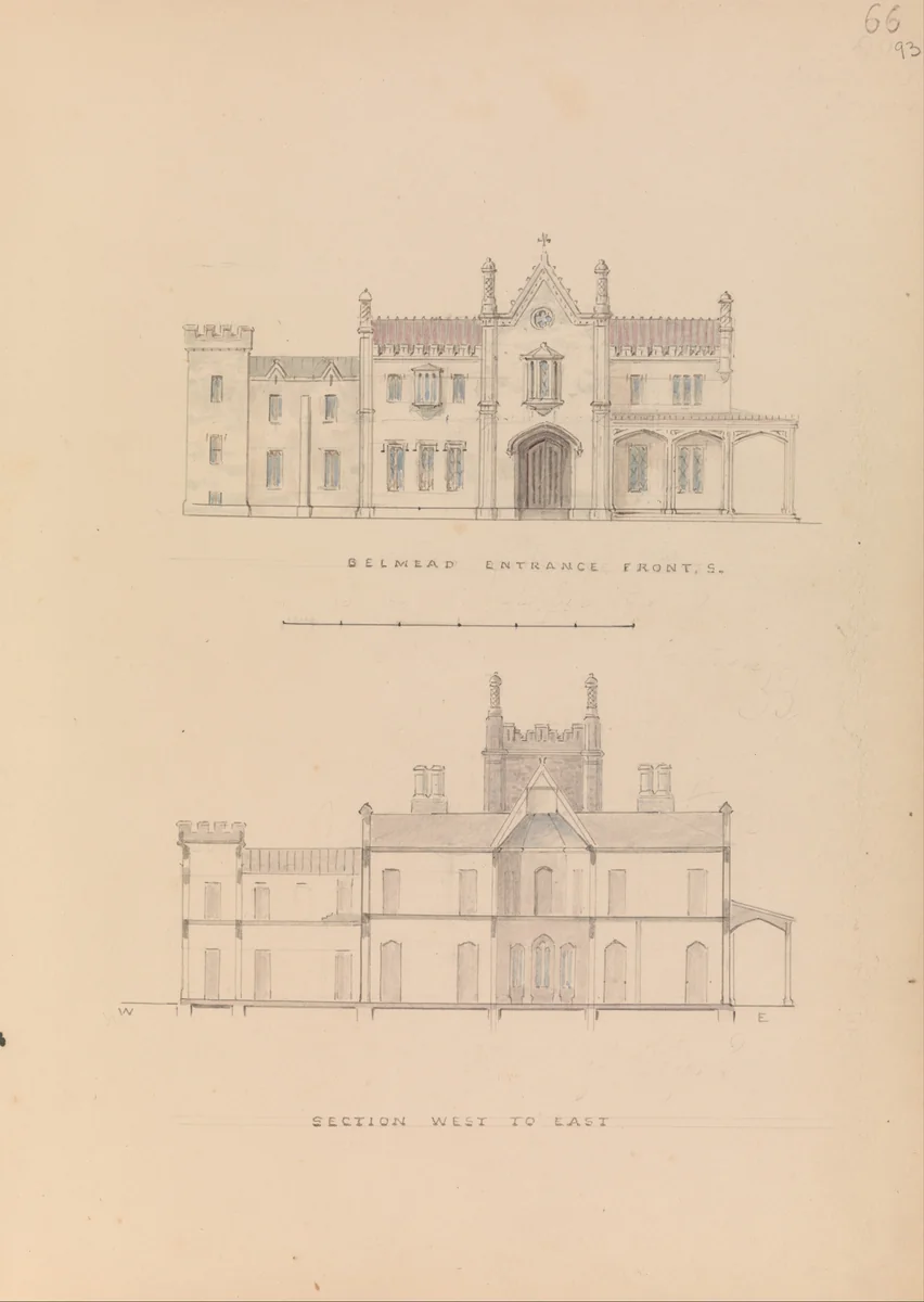 "Belmead", James River, Virginia: Entrance façade and west-east section (recto); North-south section and upper floorplan (verso) by Alexander Jackson Davis, drawing, 1845
