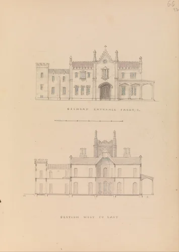 "Belmead", James River, Virginia: Entrance façade and west-east section (recto); North-south section and upper floorplan (verso) by Alexander Jackson Davis, drawing, 1845