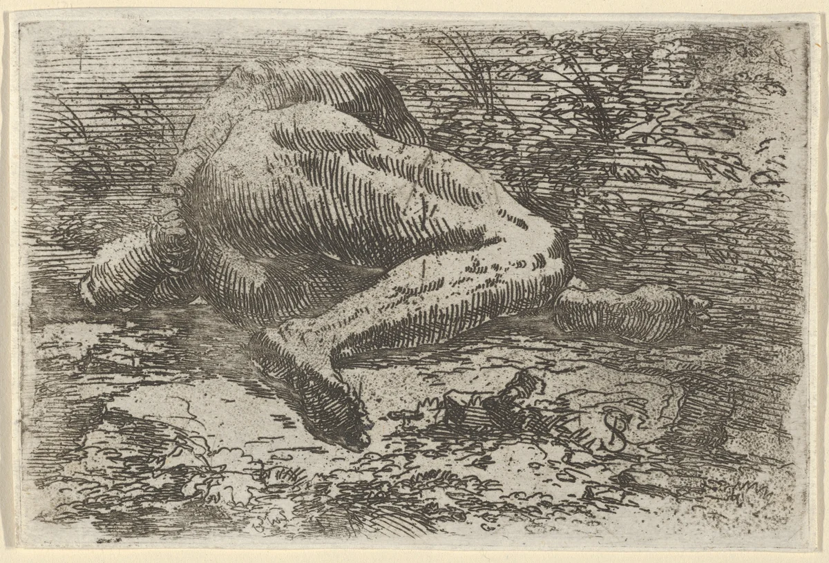 Male nude lying on his side with his right arm behind his back by Salvator Rosa, print, 1630-1645