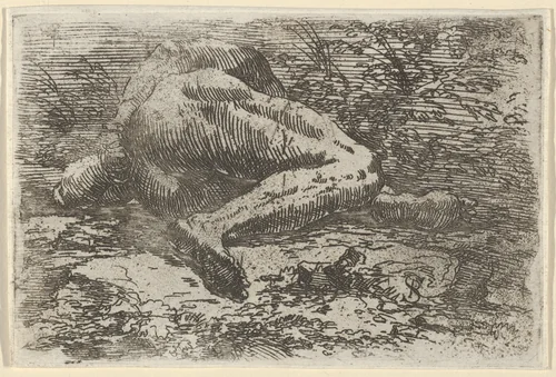 Male nude lying on his side with his right arm behind his back by Salvator Rosa, print, 1630-1645