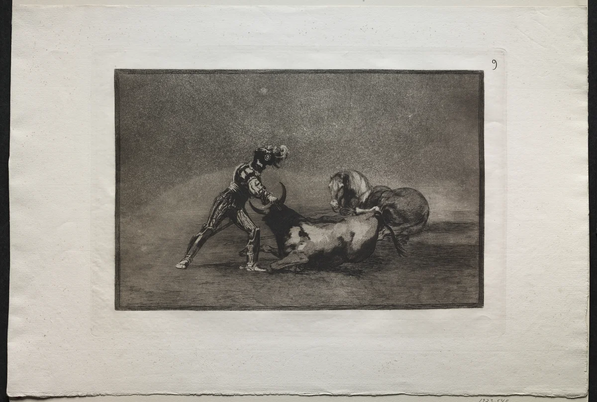 Bullfights: A Spanish Knight Kills the Bull After Having Lost His Horse by Francisco de Goya, print, 1816-1876