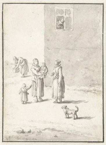 Twee vrouwen in gesprek voor een huis by Herman Saftleven, drawing, 1619-1685