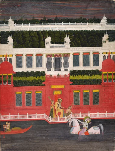 Krishna Receives a Flower Garland by Sitaram, painting, 1750-1760
