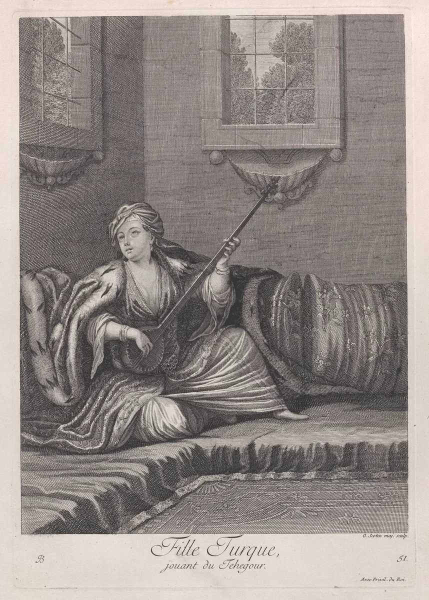 Fille Turque, jouant du Tehegour, plate 51 from "Recueil de cent estampes représentent differentes nations du Levant" by Jean Baptiste Vanmour, print, 1714-1715