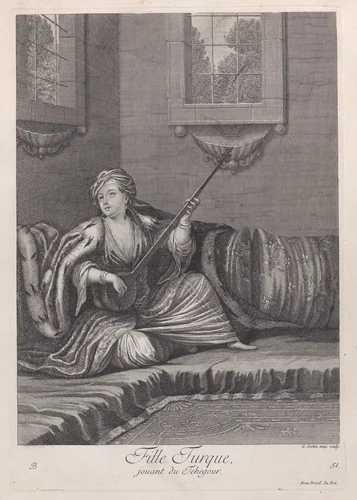 Fille Turque, jouant du Tehegour, plate 51 from "Recueil de cent estampes représentent differentes nations du Levant" by Jean Baptiste Vanmour, print, 1714-1715
