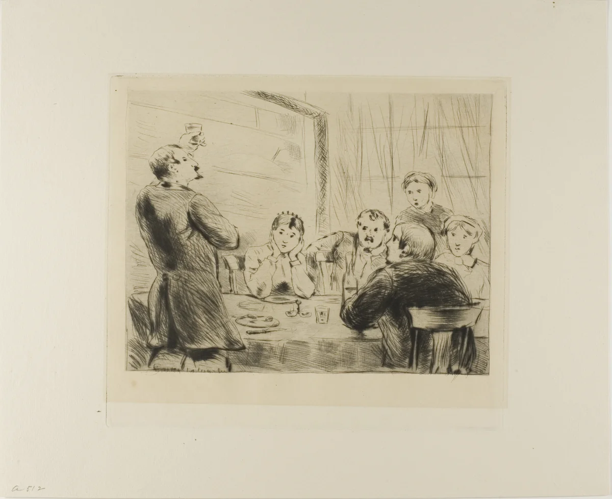 Plate from l'Assommoir (man proposing a toast at table with five other people) by Gaston La Touche, print, 1878