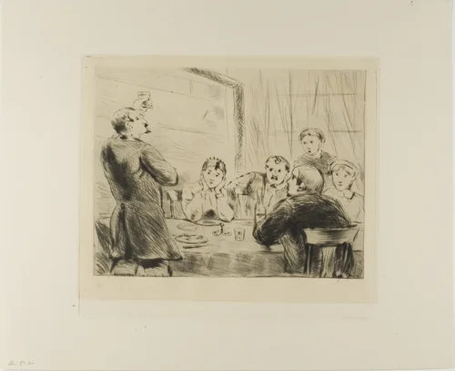 Plate from l'Assommoir (man proposing a toast at table with five other people) by Gaston La Touche, print, 1878