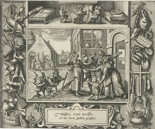 De vreemdelingen herbergen by Crispijn van de Passe, print, 1580-1588