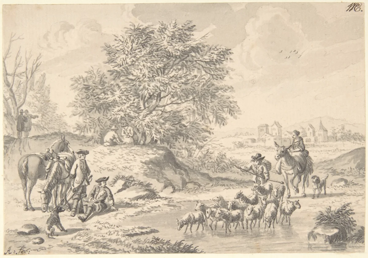 Landscape with Resting Cavaliers and a Shepherd with his Flock by Nicolaas Aartman, drawing, 1728-1793