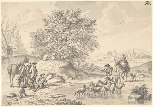 Landscape with Resting Cavaliers and a Shepherd with his Flock by Nicolaas Aartman, drawing, 1728-1793