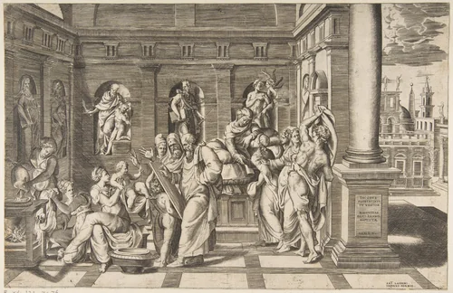 The birth of Saint John the Baptist set within a classical building by Giulio Bonasone, print, 1531-1576