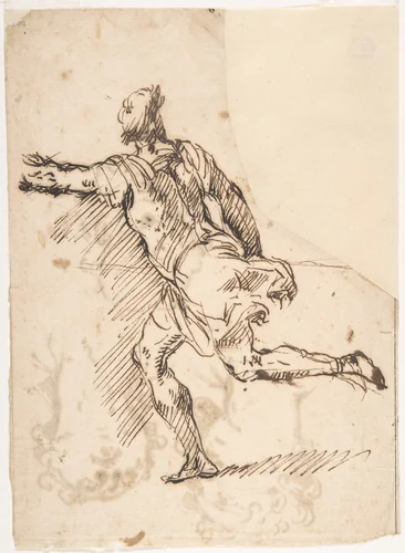 Male Figure Running (recto); Three Pen Studies of Male Heads (verso) by Micco Spadaro, drawing, 1609-1675